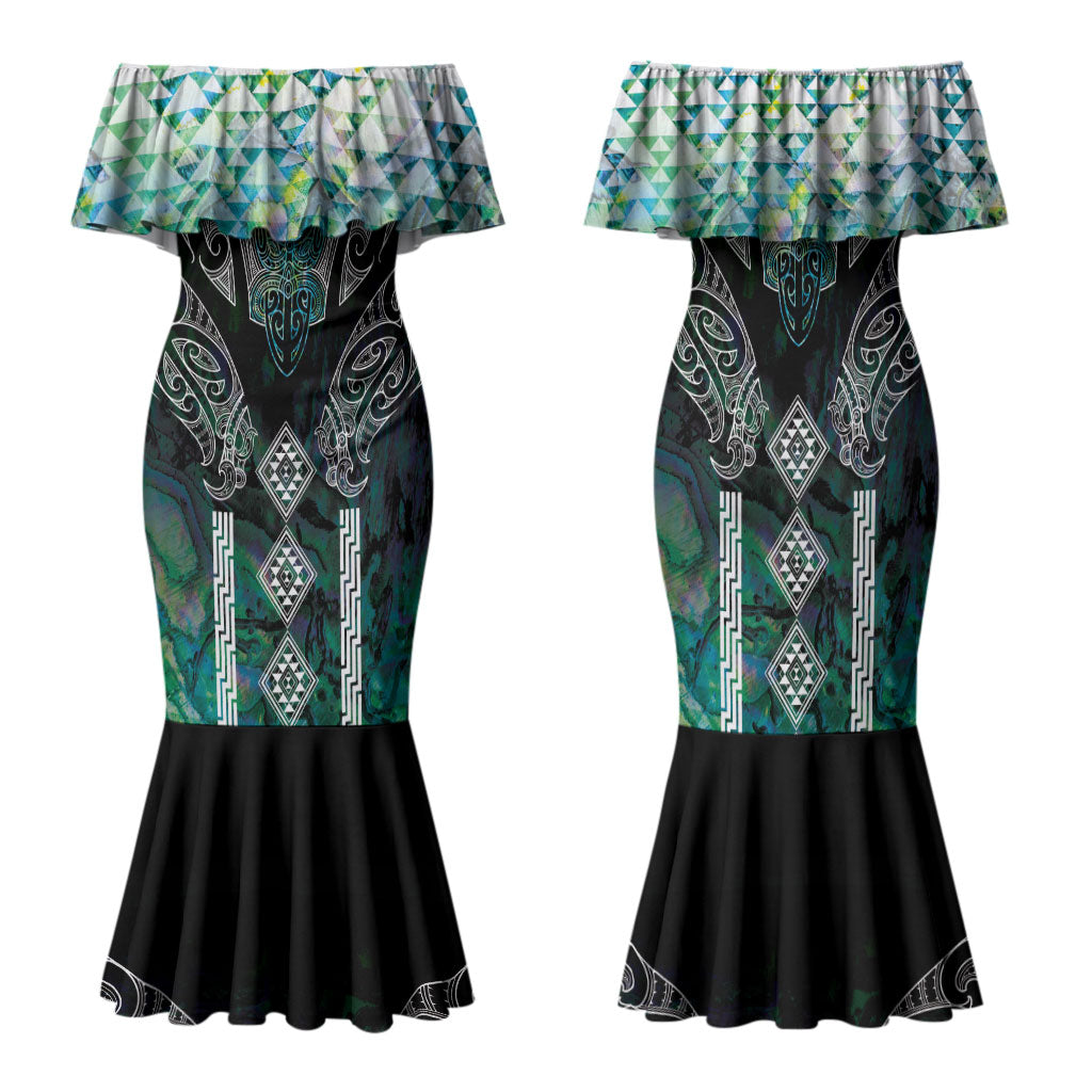 Aotearoa Maori Iwi Heritage Family Matching Mermaid Dress and Hawaiian Shirt Ngati Kahungunu Paua Shell Turquoise LT7 Mom's Dress Green Blue - Polynesian Pride