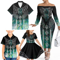 Aotearoa Maori Iwi Heritage Family Matching Off The Shoulder Long Sleeve Dress and Hawaiian Shirt Ngati Kahungunu Paua Shell Turquoise LT7 - Polynesian Pride