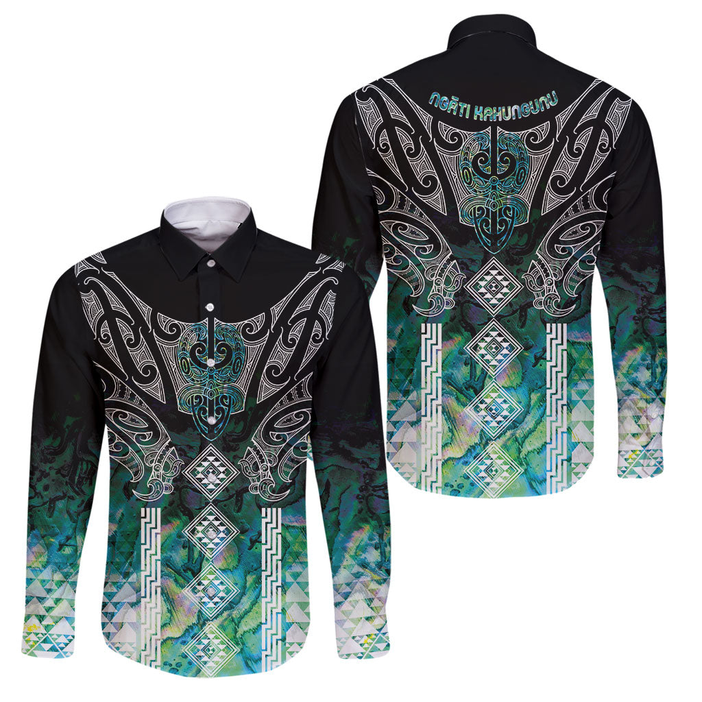 Aotearoa Maori Iwi Heritage Family Matching Off The Shoulder Long Sleeve Dress and Hawaiian Shirt Ngati Kahungunu Paua Shell Turquoise LT7 Dad's Shirt - Long Sleeve Green Blue - Polynesian Pride