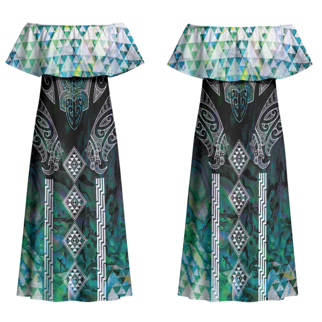 Aotearoa Maori Iwi Heritage Family Matching Off Shoulder Maxi Dress and Hawaiian Shirt Ngati Kahungunu Paua Shell Turquoise LT7 Mom's Dress Green Blue - Polynesian Pride