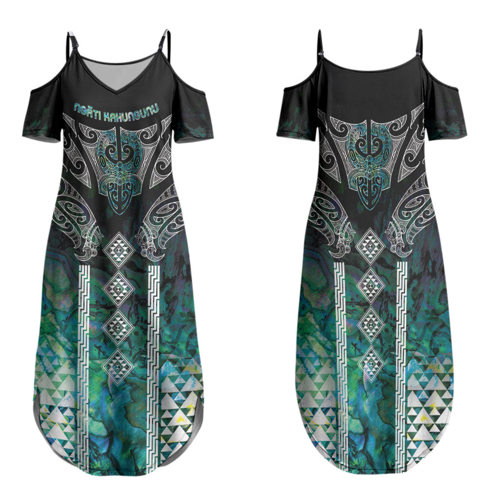 Aotearoa Maori Iwi Heritage Family Matching Summer Maxi Dress and Hawaiian Shirt Ngati Kahungunu Paua Shell Turquoise LT7 Mom's Dress Green Blue - Polynesian Pride