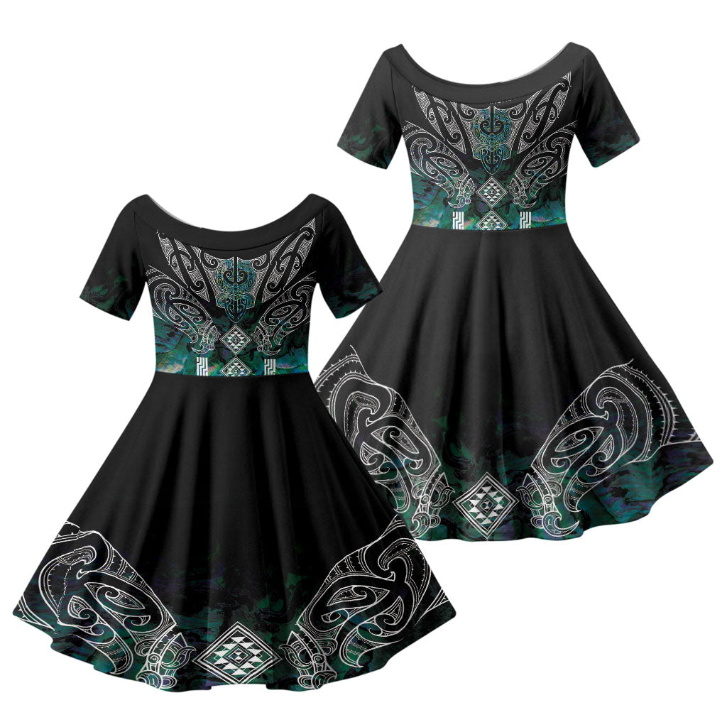 Aotearoa Maori Iwi Heritage Family Matching Summer Maxi Dress and Hawaiian Shirt Ngati Kahungunu Paua Shell Turquoise LT7 Daughter's Dress Green Blue - Polynesian Pride