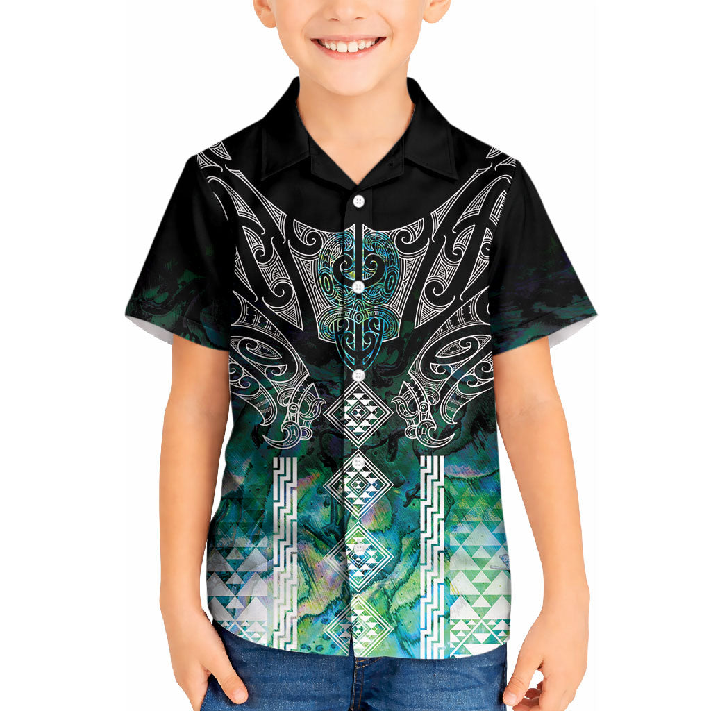 Aotearoa Maori Iwi Heritage Kid Hawaiian Shirt Ngati Kahungunu Paua Shell Turquoise LT7 Kid Green Blue - Polynesian Pride