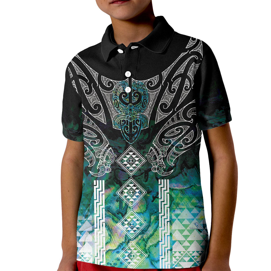 Aotearoa Maori Iwi Heritage Kid Polo Shirt Ngati Kahungunu Paua Shell Turquoise LT7 Kid Green Blue - Polynesian Pride