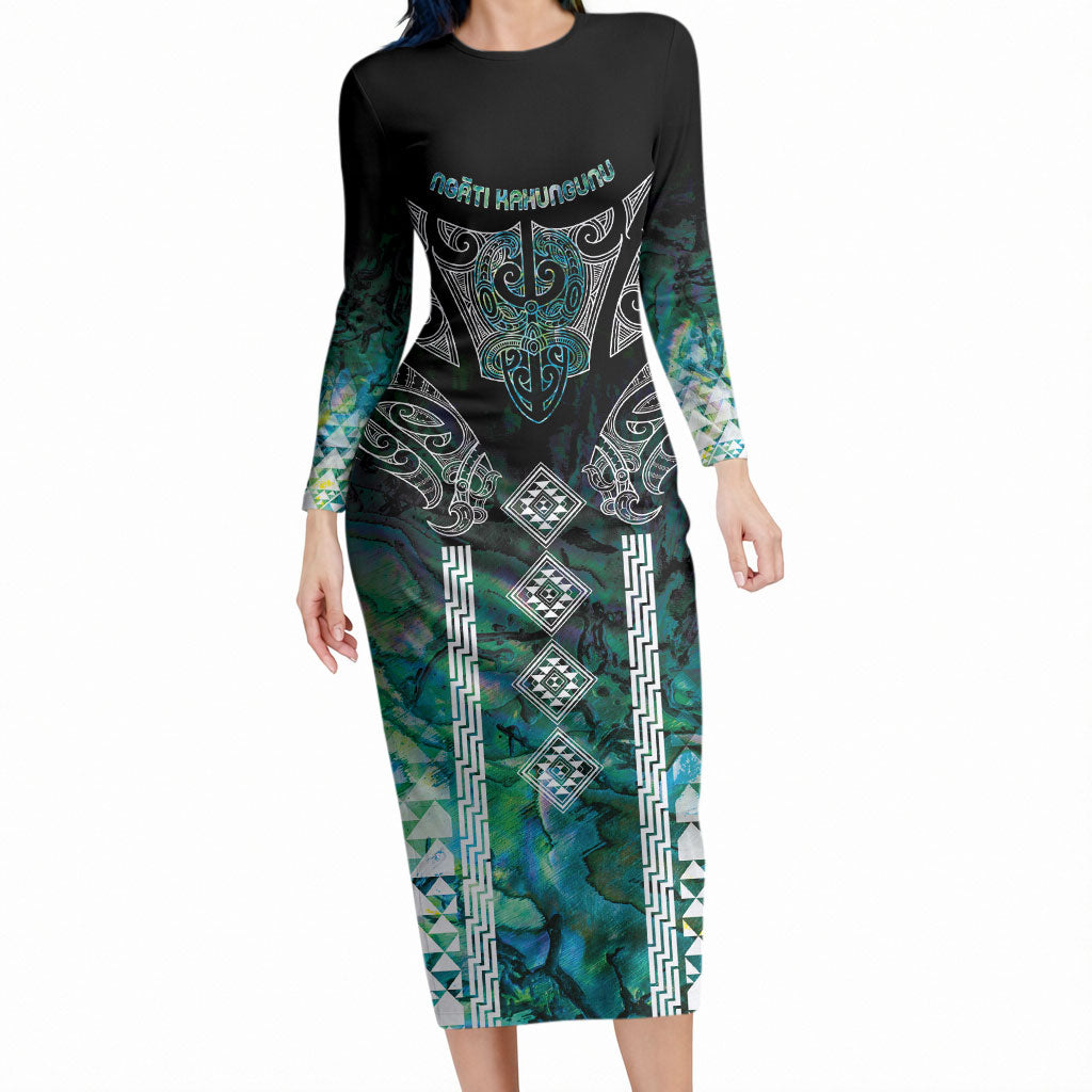 Aotearoa Maori Iwi Heritage Long Sleeve Bodycon Dress Ngati Kahungunu Paua Shell Turquoise LT7 Long Dress Green Blue - Polynesian Pride