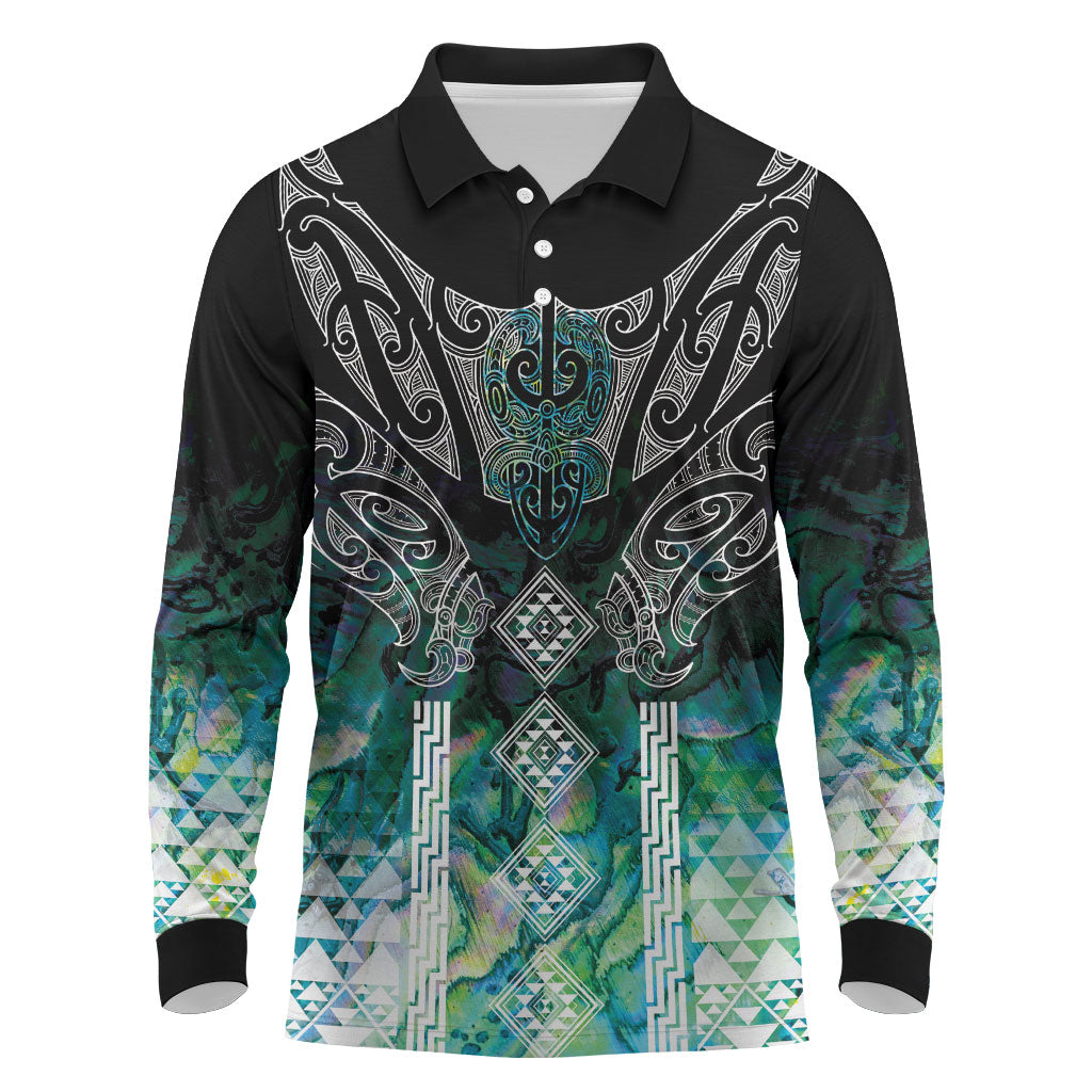 Aotearoa Maori Iwi Heritage Long Sleeve Polo Shirt Ngati Kahungunu Paua Shell Turquoise LT7 Green Blue - Polynesian Pride