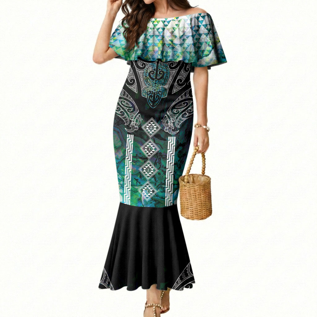 Aotearoa Maori Iwi Heritage Mermaid Dress Ngati Kahungunu Paua Shell Turquoise LT7 Women Green Blue - Polynesian Pride
