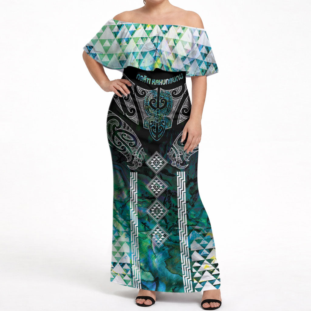 Aotearoa Maori Iwi Heritage Off Shoulder Maxi Dress Ngati Kahungunu Paua Shell Turquoise LT7 Women Green Blue - Polynesian Pride