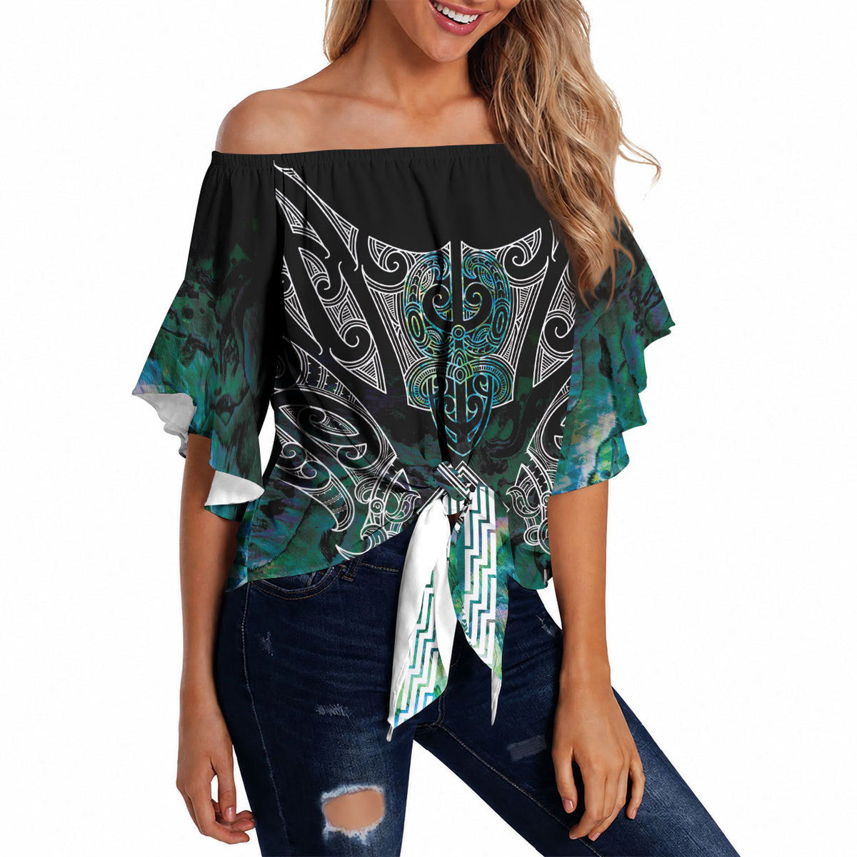 Aotearoa Maori Iwi Heritage Off Shoulder Wrap Waist Top Ngati Kahungunu Paua Shell Turquoise LT7 Green Blue - Polynesian Pride