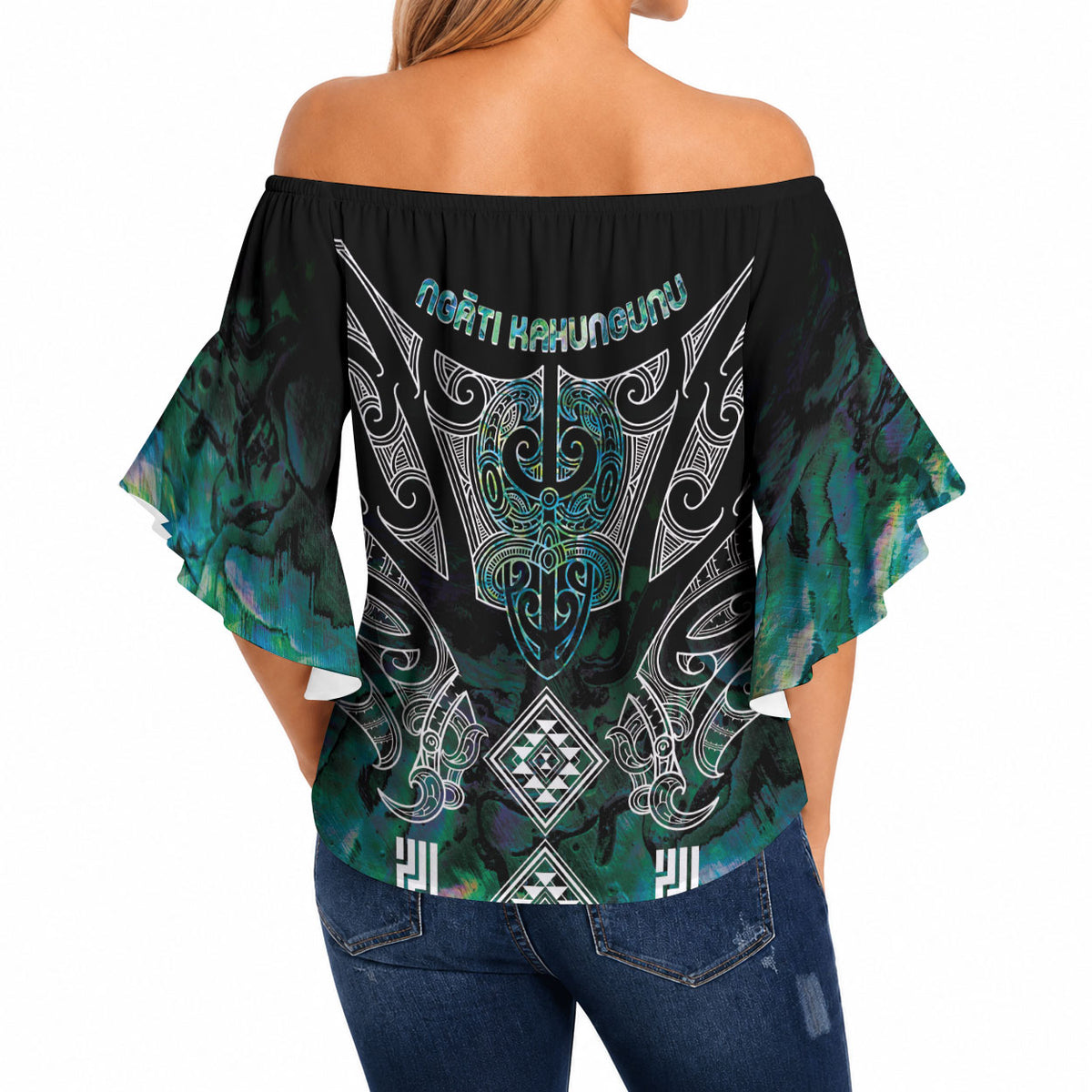 Aotearoa Maori Iwi Heritage Off Shoulder Wrap Waist Top Ngati Kahungunu Paua Shell Turquoise LT7 - Polynesian Pride
