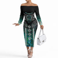 Aotearoa Maori Iwi Heritage Off The Shoulder Long Sleeve Dress Ngati Kahungunu Paua Shell Turquoise LT7 Women Green Blue - Polynesian Pride