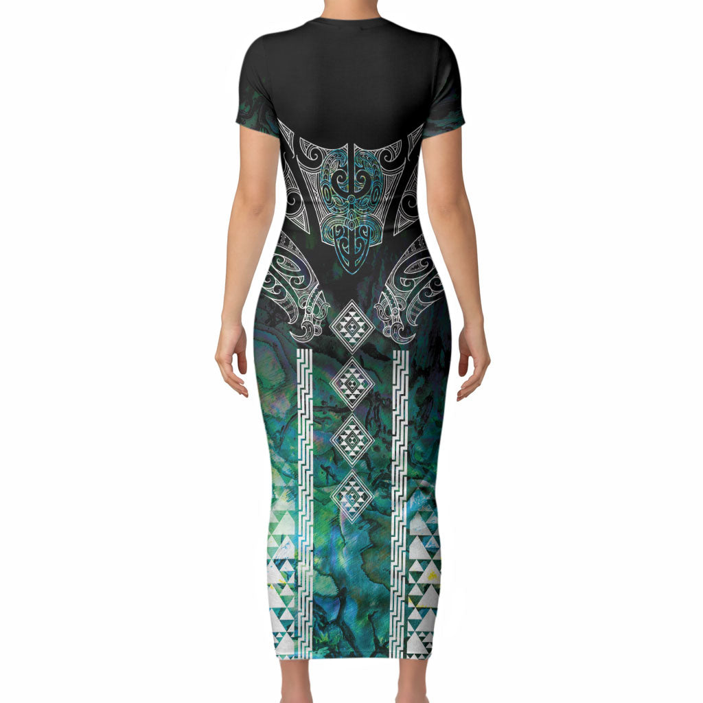 Aotearoa Maori Iwi Heritage Short Sleeve Bodycon Dress Ngati Kahungunu Paua Shell Turquoise LT7 - Polynesian Pride