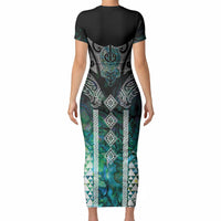 Aotearoa Maori Iwi Heritage Short Sleeve Bodycon Dress Ngati Kahungunu Paua Shell Turquoise LT7 - Polynesian Pride