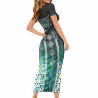 Aotearoa Maori Iwi Heritage Short Sleeve Bodycon Dress Ngati Kahungunu Paua Shell Turquoise LT7 - Polynesian Pride
