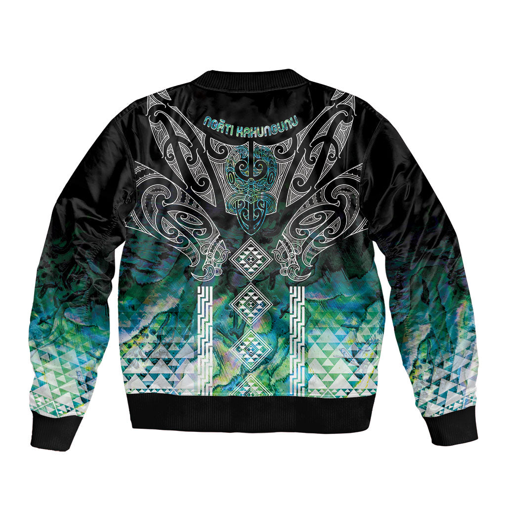 Aotearoa Maori Iwi Heritage Sleeve Zip Bomber Jacket Ngati Kahungunu Paua Shell Turquoise LT7 - Polynesian Pride