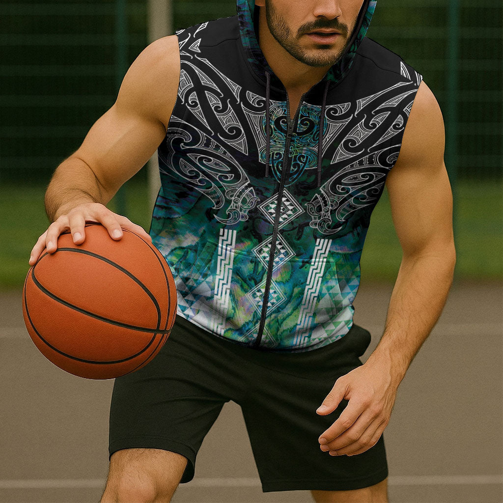 Aotearoa Maori Iwi Heritage Sleeveless Zip Hoodie Ngati Kahungunu Paua Shell Turquoise LT7 - Polynesian Pride