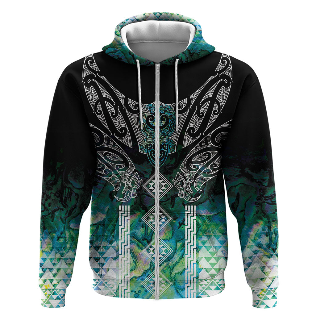 Aotearoa Maori Iwi Heritage Zip Hoodie Ngati Kahungunu Paua Shell Turquoise LT7 Zip Hoodie Green Blue - Polynesian Pride