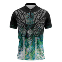 Aotearoa Maori Iwi Heritage Zipper Polo Shirt Ngati Kahungunu Paua Shell Turquoise LT7 Green Blue - Polynesian Pride