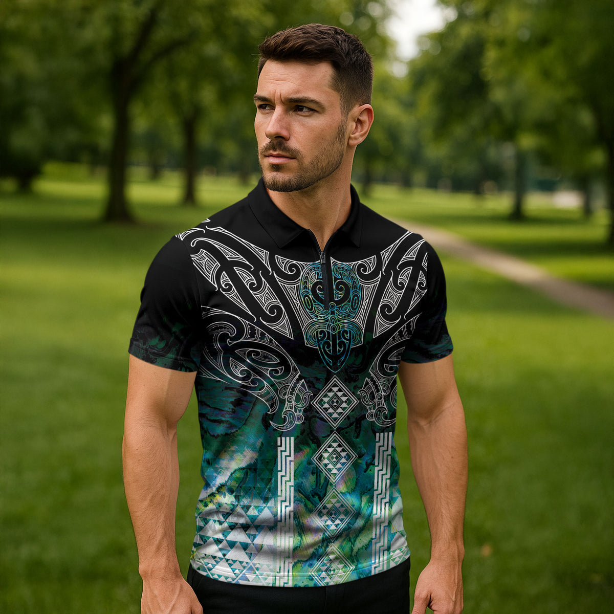 Aotearoa Maori Iwi Heritage Zipper Polo Shirt Ngati Kahungunu Paua Shell Turquoise LT7 - Polynesian Pride