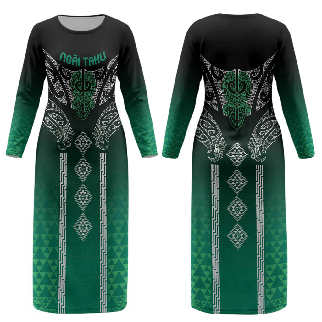 Aotearoa Maori Iwi Heritage Couples Matching Long Sleeve Bodycon Dress and Hawaiian Shirt Ngai Tahu Pounamu Green LT7 - Polynesian Pride