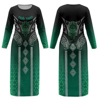 Aotearoa Maori Iwi Heritage Couples Matching Long Sleeve Bodycon Dress and Hawaiian Shirt Ngai Tahu Pounamu Green LT7 - Polynesian Pride