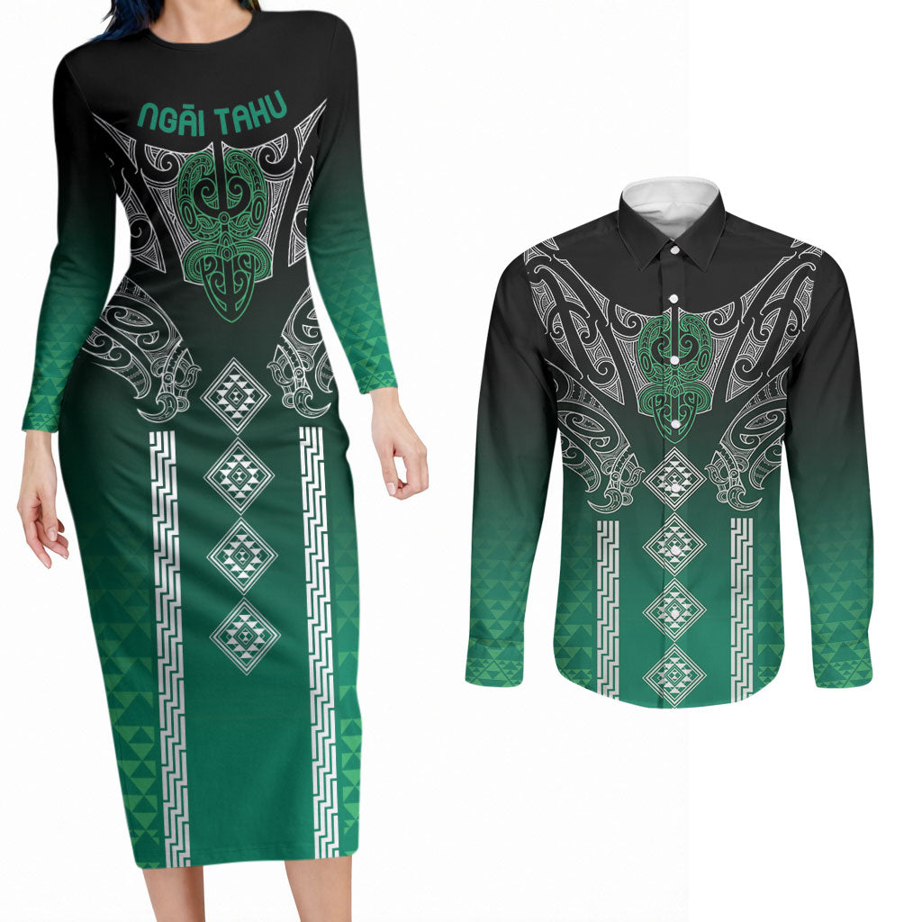 Aotearoa Maori Iwi Heritage Couples Matching Long Sleeve Bodycon Dress and Long Sleeve Button Shirt Ngai Tahu Pounamu Green LT7 Jade Green - Polynesian Pride