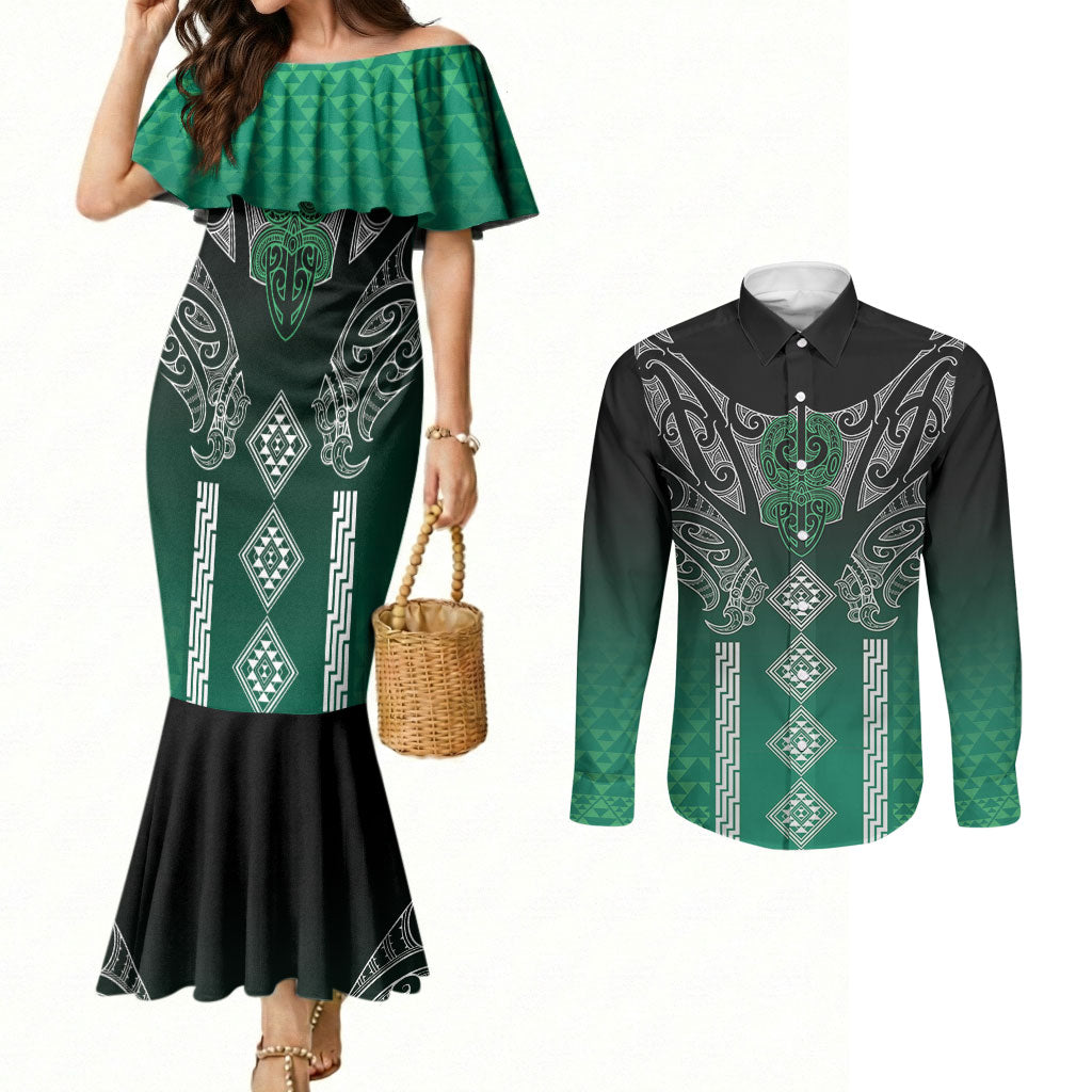 Aotearoa Maori Iwi Heritage Couples Matching Mermaid Dress and Long Sleeve Button Shirt Ngai Tahu Pounamu Green LT7 Jade Green - Polynesian Pride