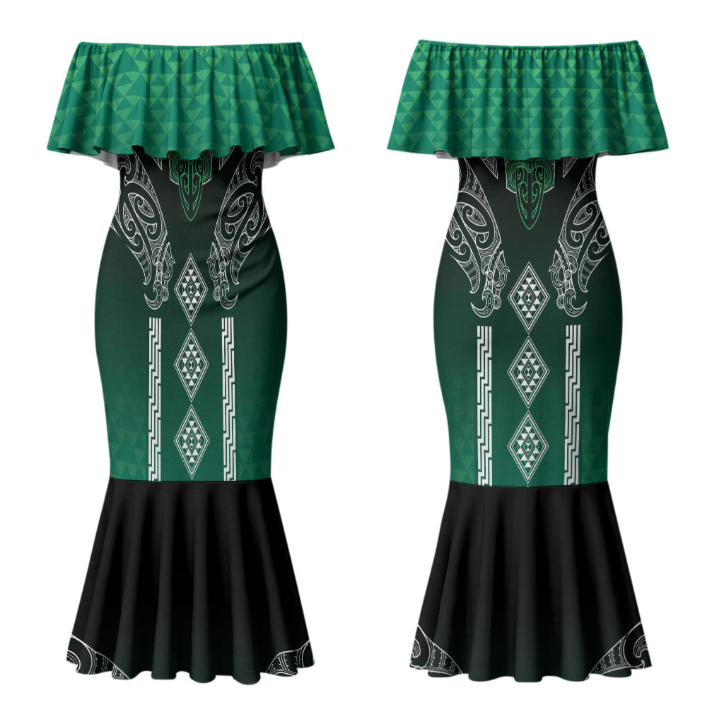 Aotearoa Maori Iwi Heritage Couples Matching Mermaid Dress and Long Sleeve Button Shirt Ngai Tahu Pounamu Green LT7 - Polynesian Pride
