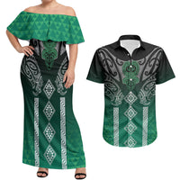 Aotearoa Maori Iwi Heritage Couples Matching Off Shoulder Maxi Dress and Hawaiian Shirt Ngai Tahu Pounamu Green LT7 Jade Green - Polynesian Pride