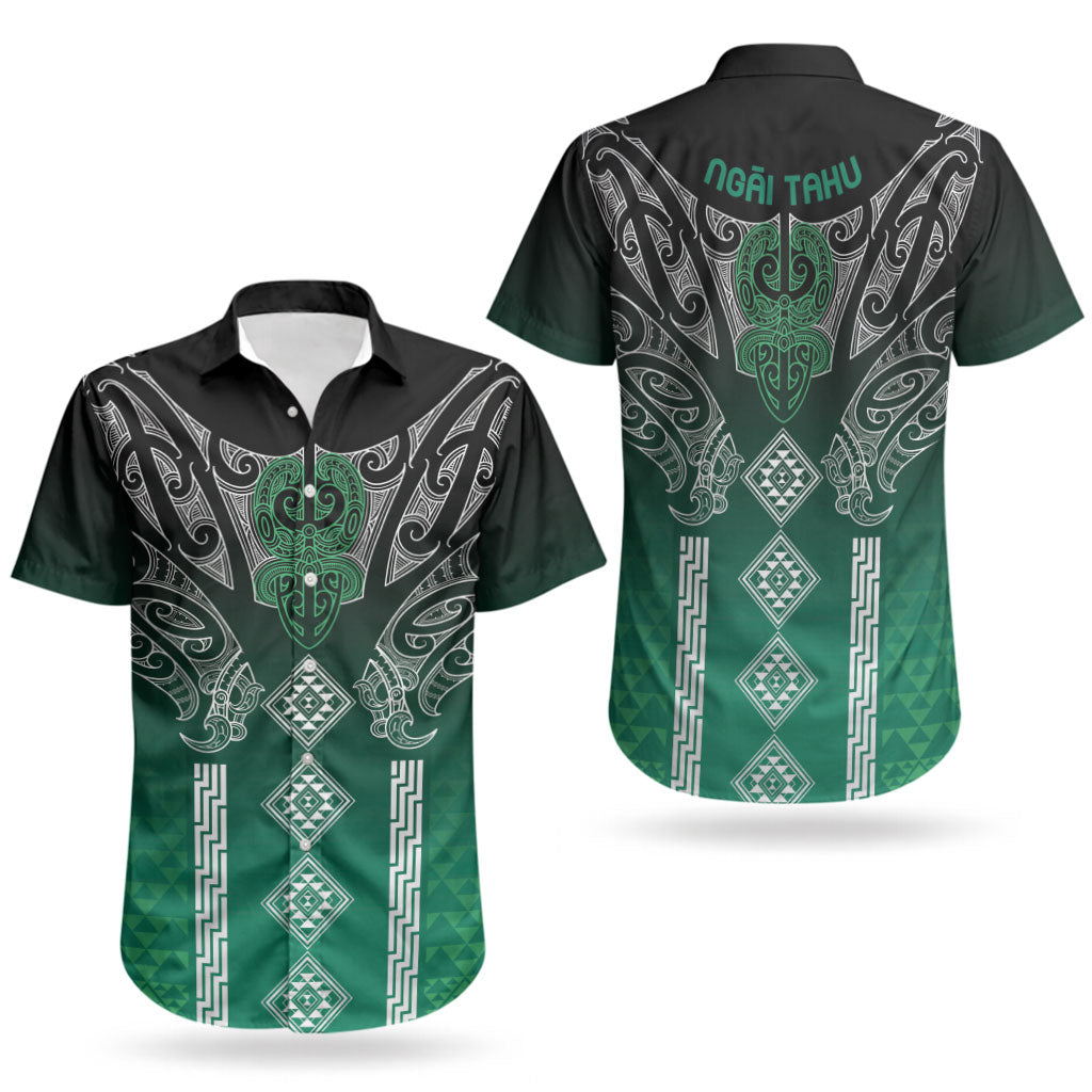 Aotearoa Maori Iwi Heritage Couples Matching Off Shoulder Maxi Dress and Hawaiian Shirt Ngai Tahu Pounamu Green LT7 - Polynesian Pride