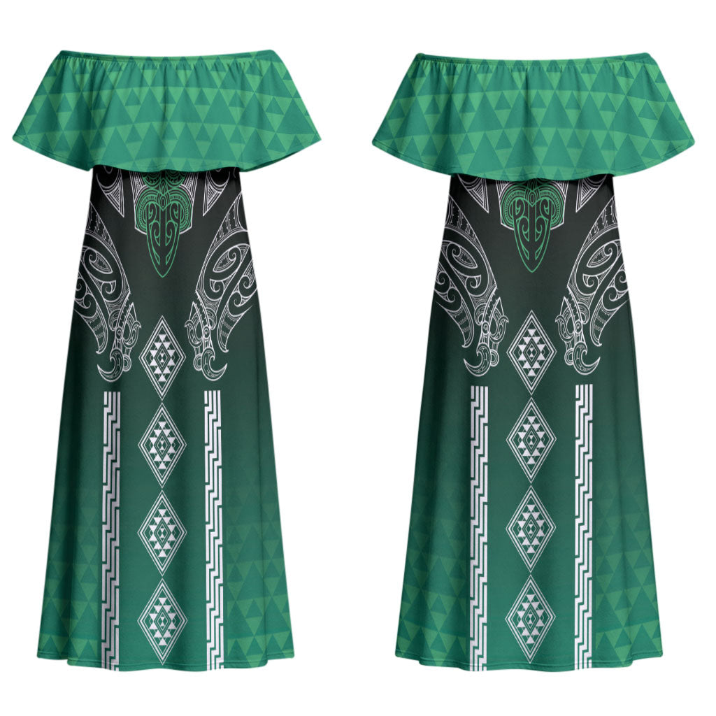 Aotearoa Maori Iwi Heritage Couples Matching Off Shoulder Maxi Dress and Hawaiian Shirt Ngai Tahu Pounamu Green LT7 - Polynesian Pride