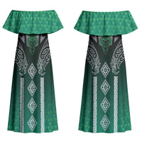 Aotearoa Maori Iwi Heritage Couples Matching Off Shoulder Maxi Dress and Hawaiian Shirt Ngai Tahu Pounamu Green LT7 - Polynesian Pride