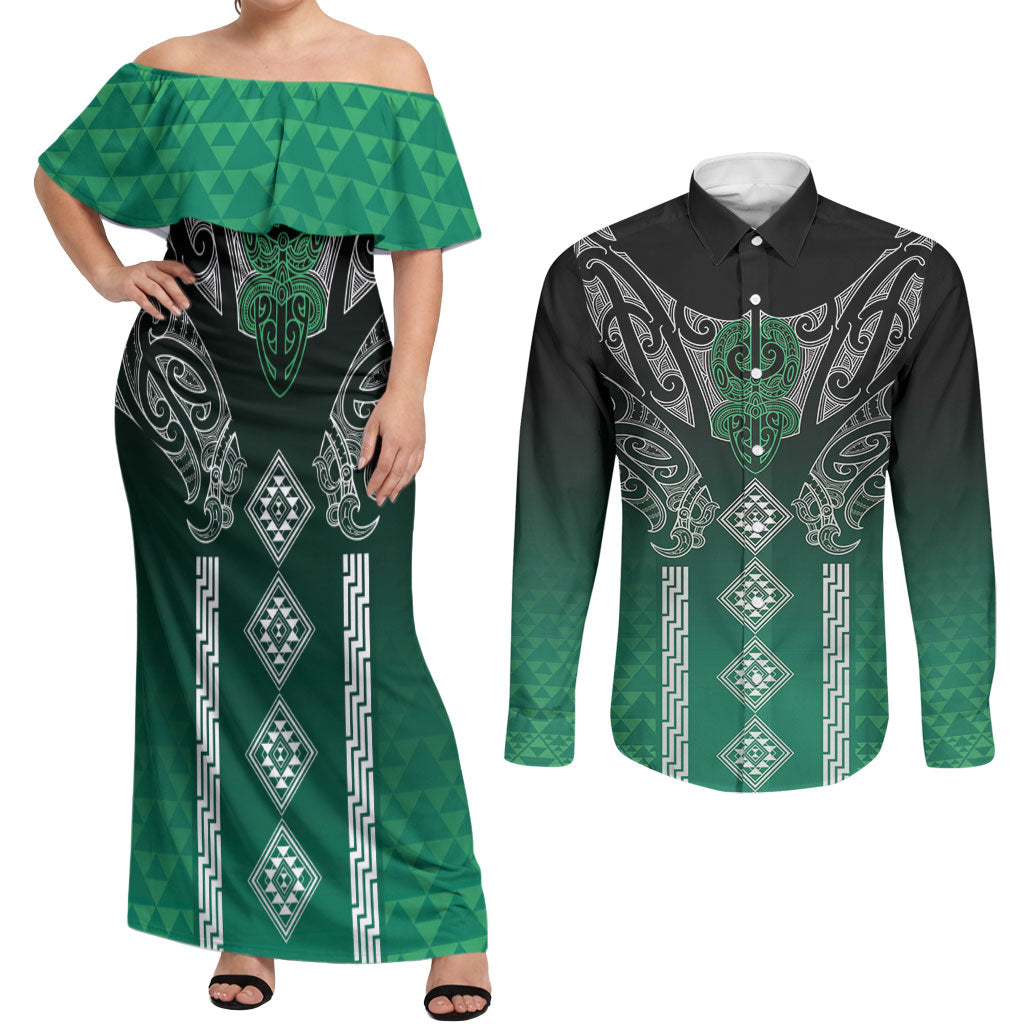 Aotearoa Maori Iwi Heritage Couples Matching Off Shoulder Maxi Dress and Long Sleeve Button Shirt Ngai Tahu Pounamu Green LT7 Jade Green - Polynesian Pride
