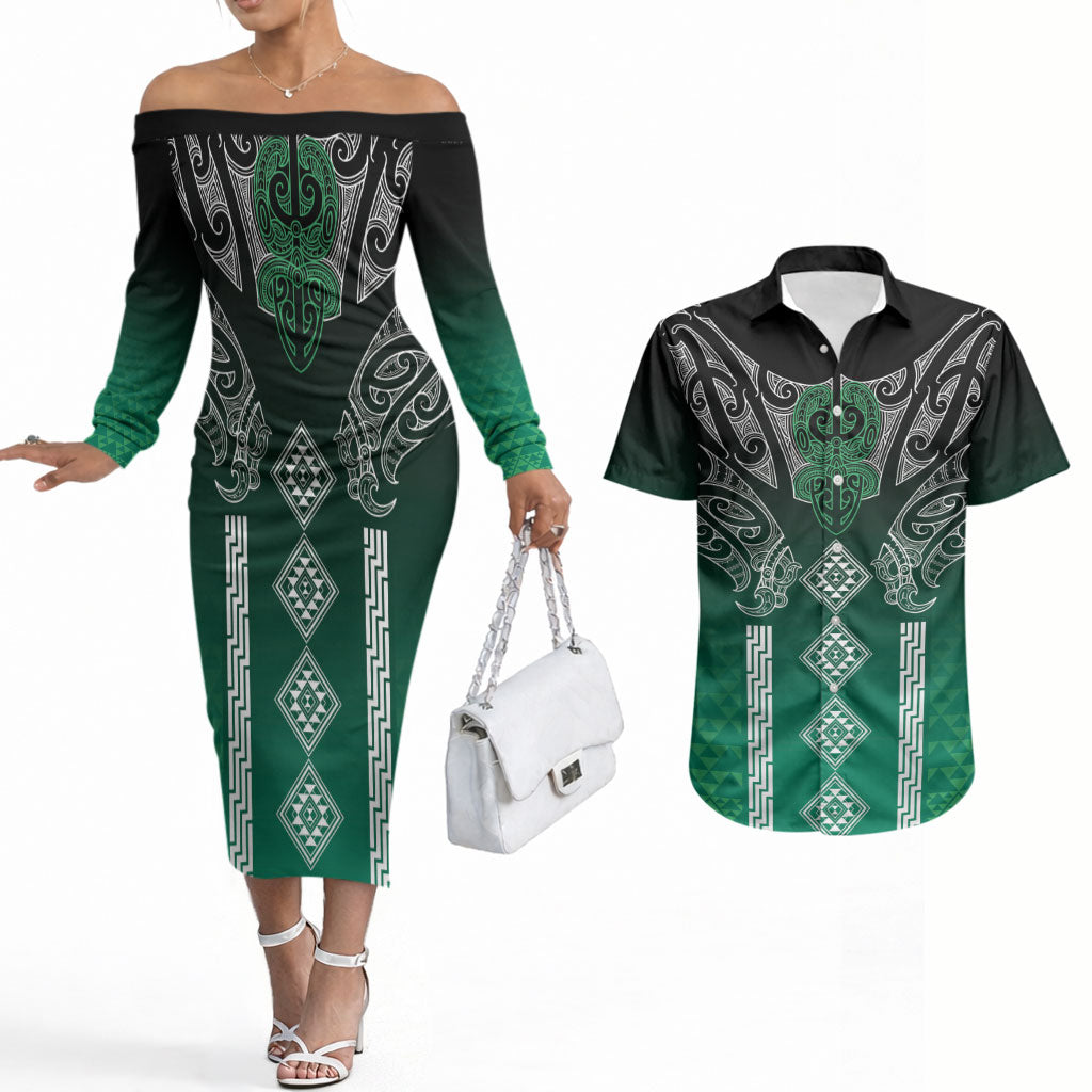 Aotearoa Maori Iwi Heritage Couples Matching Off The Shoulder Long Sleeve Dress and Hawaiian Shirt Ngai Tahu Pounamu Green LT7 Jade Green - Polynesian Pride