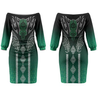 Aotearoa Maori Iwi Heritage Couples Matching Off The Shoulder Long Sleeve Dress and Hawaiian Shirt Ngai Tahu Pounamu Green LT7 - Polynesian Pride