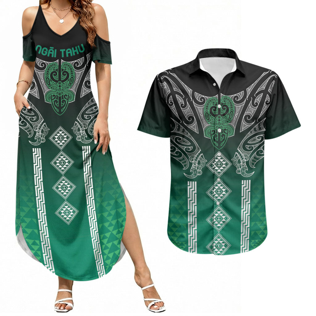 Aotearoa Maori Iwi Heritage Couples Matching Summer Maxi Dress and Hawaiian Shirt Ngai Tahu Pounamu Green LT7 Jade Green - Polynesian Pride
