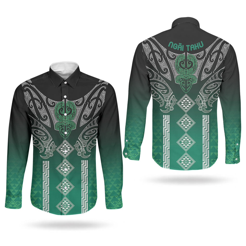 Aotearoa Maori Iwi Heritage Couples Matching Summer Maxi Dress and Long Sleeve Button Shirt Ngai Tahu Pounamu Green LT7 - Polynesian Pride