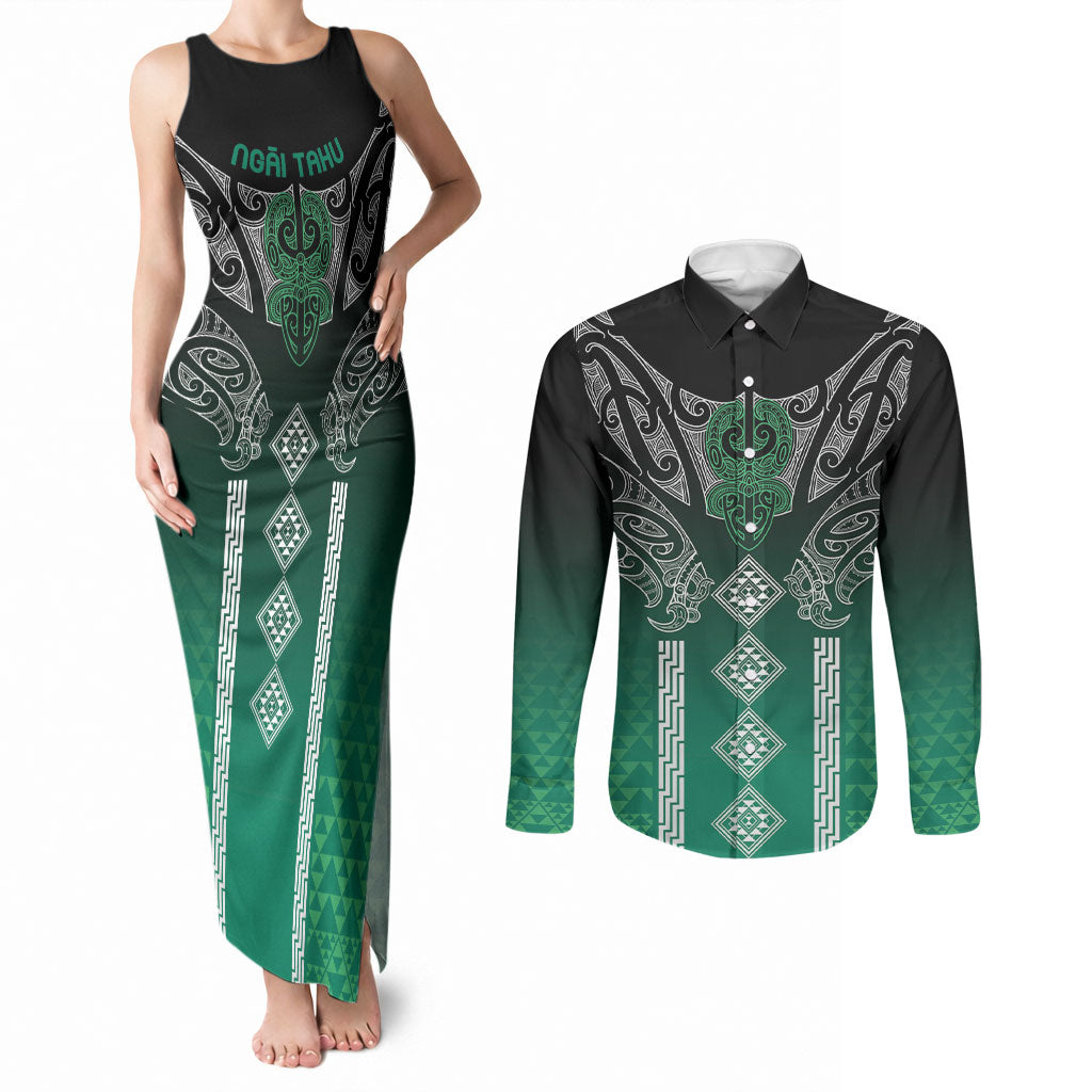 Aotearoa Maori Iwi Heritage Couples Matching Tank Maxi Dress and Long Sleeve Button Shirt Ngai Tahu Pounamu Green LT7 Jade Green - Polynesian Pride