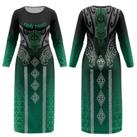 Aotearoa Maori Iwi Heritage Family Matching Long Sleeve Bodycon Dress and Hawaiian Shirt Ngai Tahu Pounamu Green LT7 Mom's Dress Jade Green - Polynesian Pride