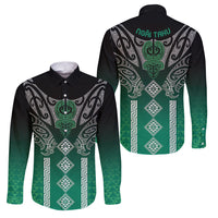 Aotearoa Maori Iwi Heritage Family Matching Off Shoulder Short Dress and Hawaiian Shirt Ngai Tahu Pounamu Green LT7 Dad's Shirt - Long Sleeve Jade Green - Polynesian Pride