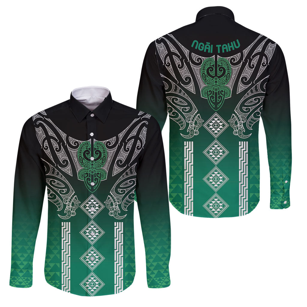 Aotearoa Maori Iwi Heritage Family Matching Summer Maxi Dress and Hawaiian Shirt Ngai Tahu Pounamu Green LT7 Dad's Shirt - Long Sleeve Jade Green - Polynesian Pride