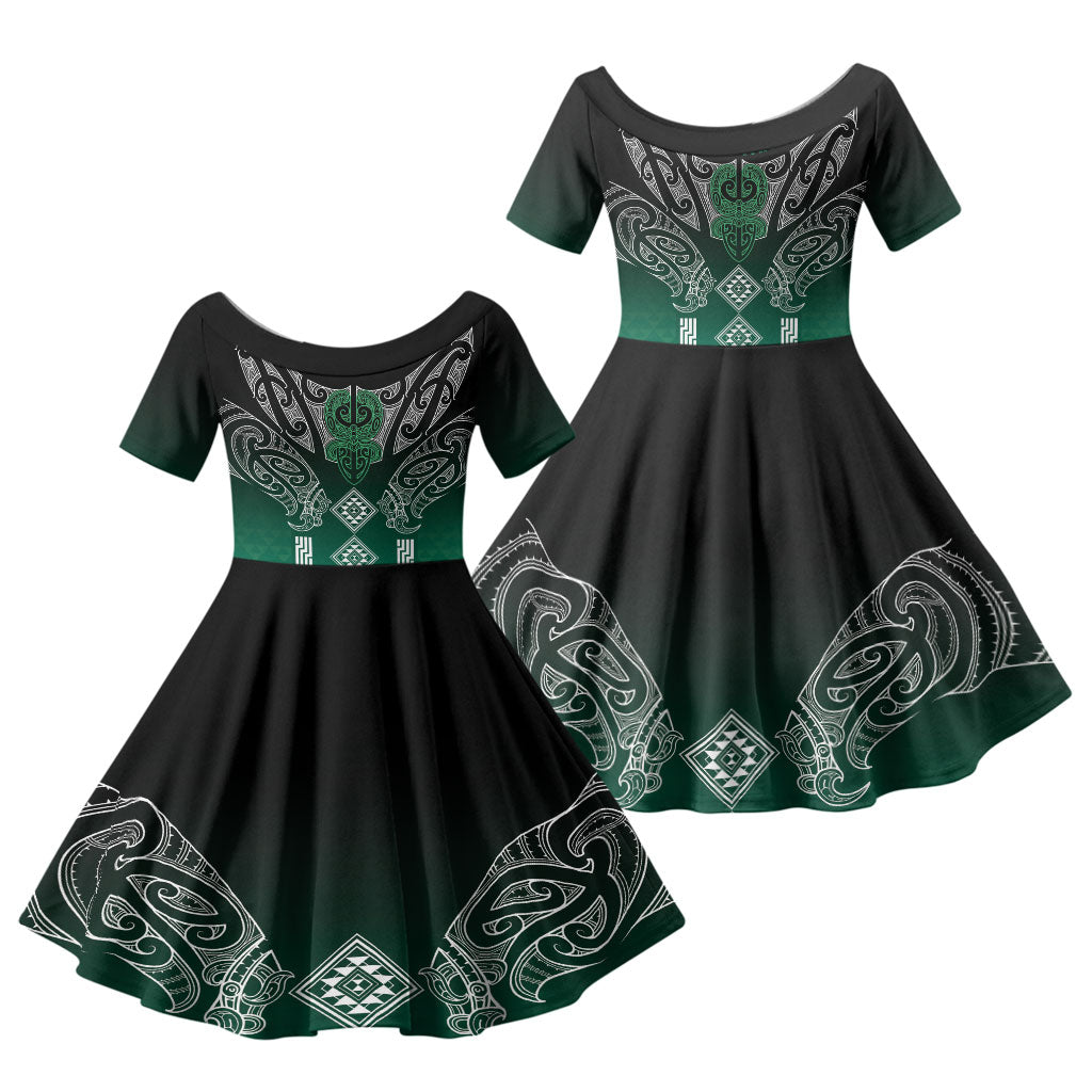 Aotearoa Maori Iwi Heritage Family Matching Summer Maxi Dress and Hawaiian Shirt Ngai Tahu Pounamu Green LT7 Daughter's Dress Jade Green - Polynesian Pride