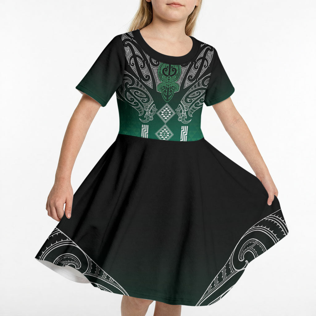 Aotearoa Maori Iwi Heritage Kid Short Sleeve Dress Ngai Tahu Pounamu Green LT7 - Polynesian Pride