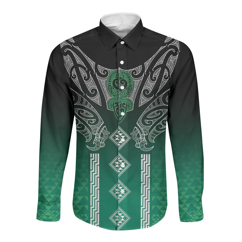 Aotearoa Maori Iwi Heritage Long Sleeve Button Shirt Ngai Tahu Pounamu Green LT7 Unisex Jade Green - Polynesian Pride