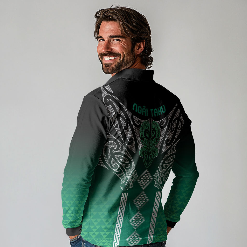 Aotearoa Maori Iwi Heritage Long Sleeve Polo Shirt Ngai Tahu Pounamu Green LT7 - Polynesian Pride