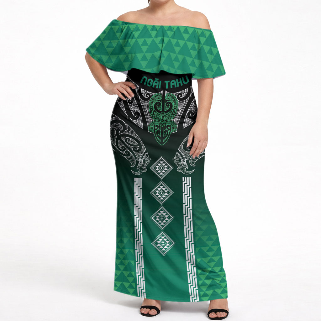 Aotearoa Maori Iwi Heritage Off Shoulder Maxi Dress Ngai Tahu Pounamu Green LT7 Women Jade Green - Polynesian Pride
