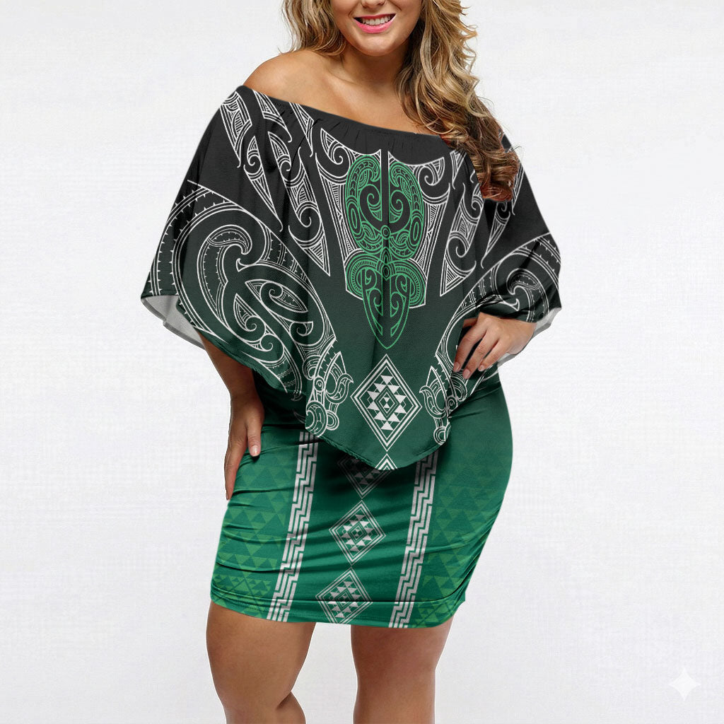 Aotearoa Maori Iwi Heritage Off Shoulder Short Dress Ngai Tahu Pounamu Green LT7 Women Jade Green - Polynesian Pride