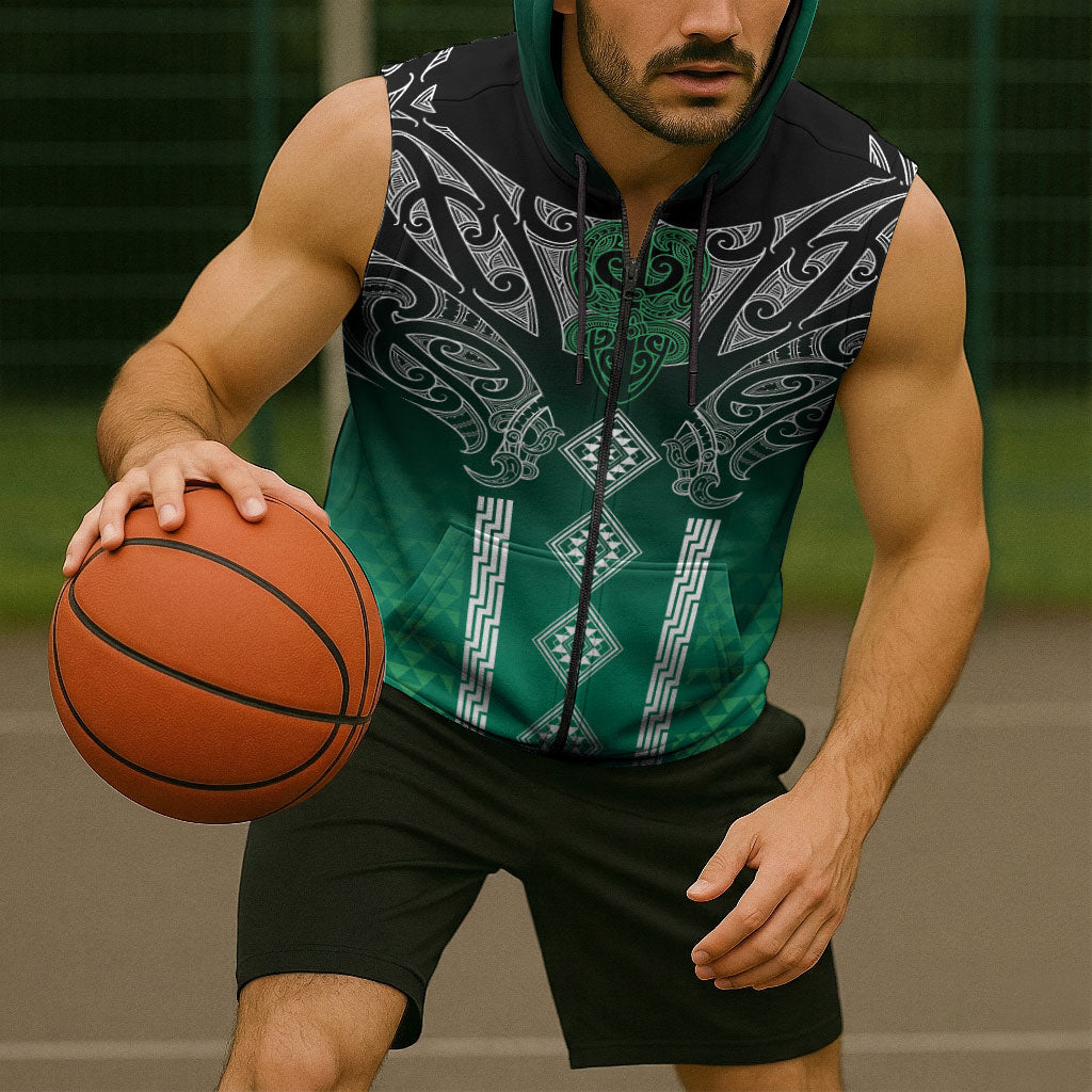 Aotearoa Maori Iwi Heritage Sleeveless Zip Hoodie Ngai Tahu Pounamu Green LT7 - Polynesian Pride