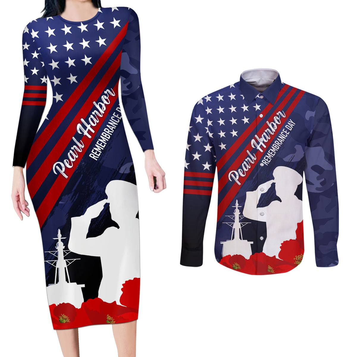 Pearl Harbor Remembrance Day Couples Matching Long Sleeve Bodycon Dress and Long Sleeve Button Shirt Poppy Mix Style LT7 Navy Blue - Polynesian Pride