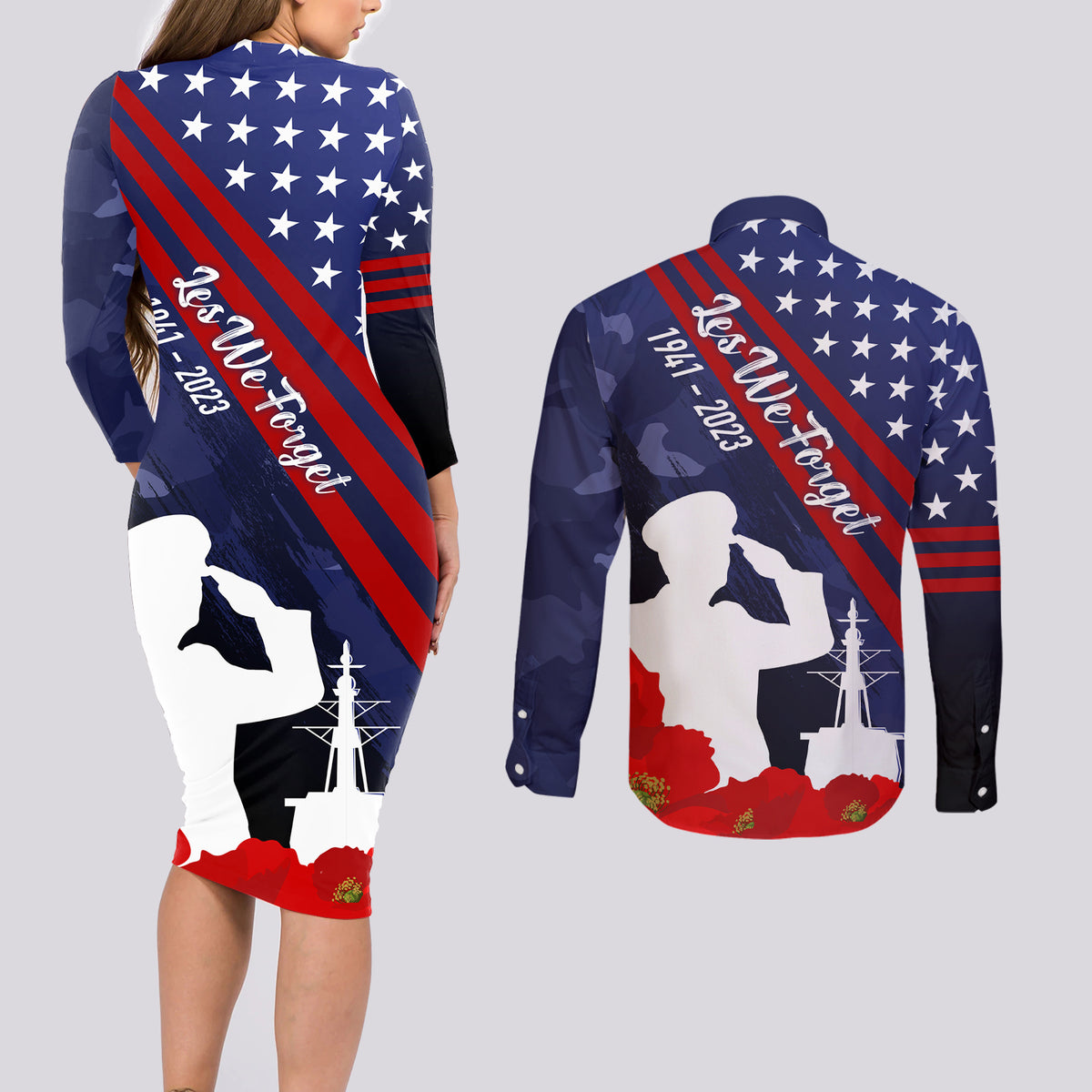 Pearl Harbor Remembrance Day Couples Matching Long Sleeve Bodycon Dress and Long Sleeve Button Shirt Poppy Mix Style LT7 - Polynesian Pride